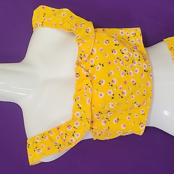 Shein mustard yellow pink floral off shoulder 2 piece set - Picture 2 of 15